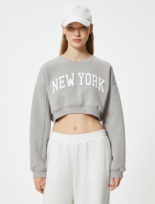 Crop Oversize Sweatshirt Kolej Baskılı Bisiklet Yaka_2