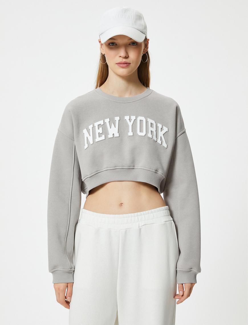   Crop Oversize Sweatshirt Kolej Baskılı Bisiklet Yaka