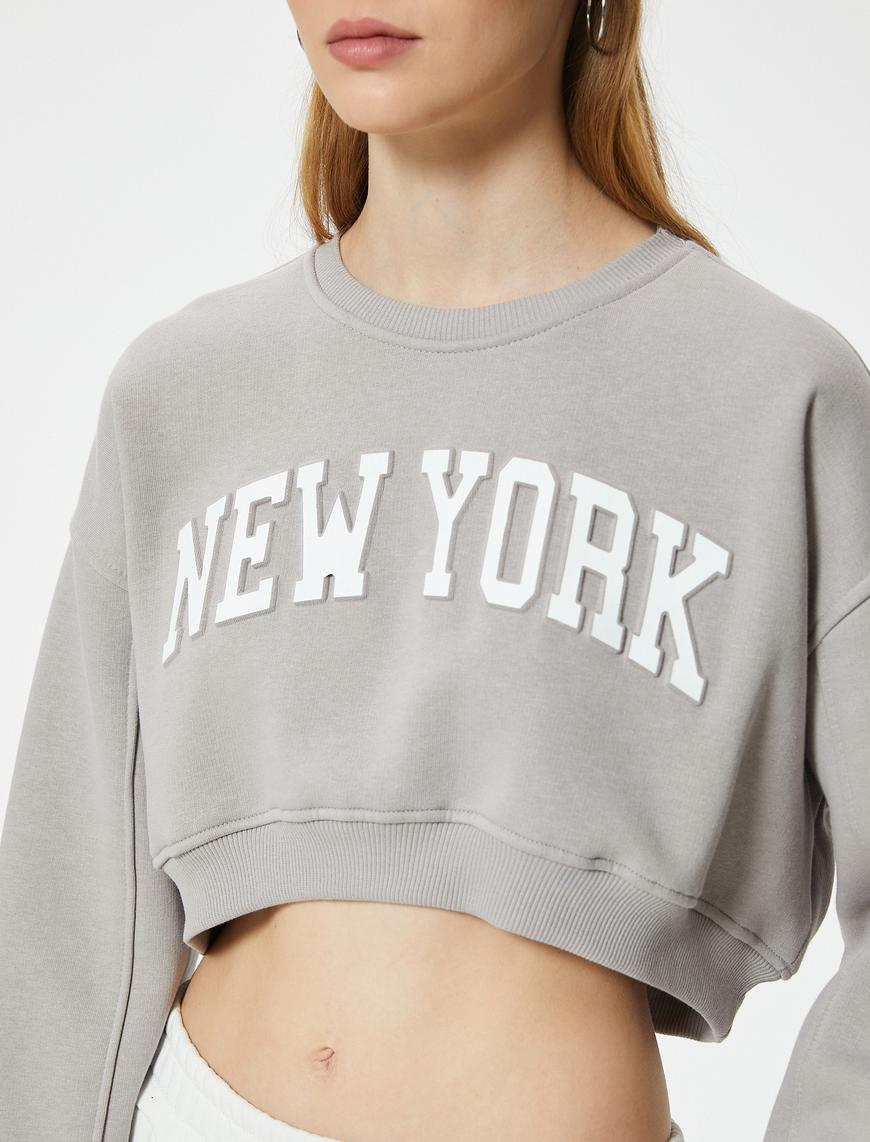   Crop Oversize Sweatshirt Kolej Baskılı Bisiklet Yaka