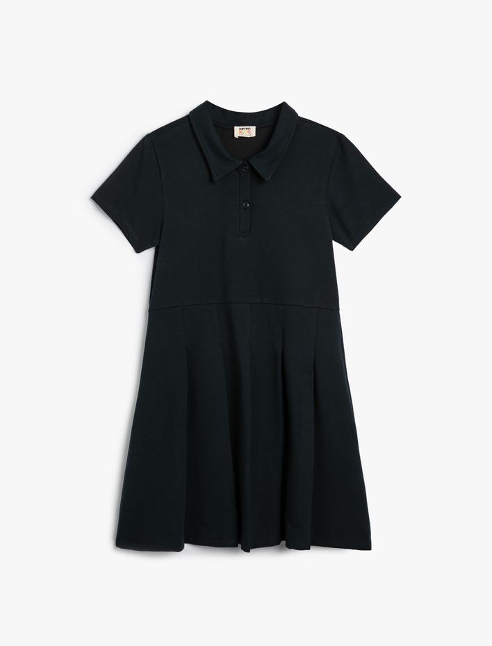 Kız Çocuk Elbise Gömlek Yaka Kısa Kollu Düğme Detaylı Pamuklu