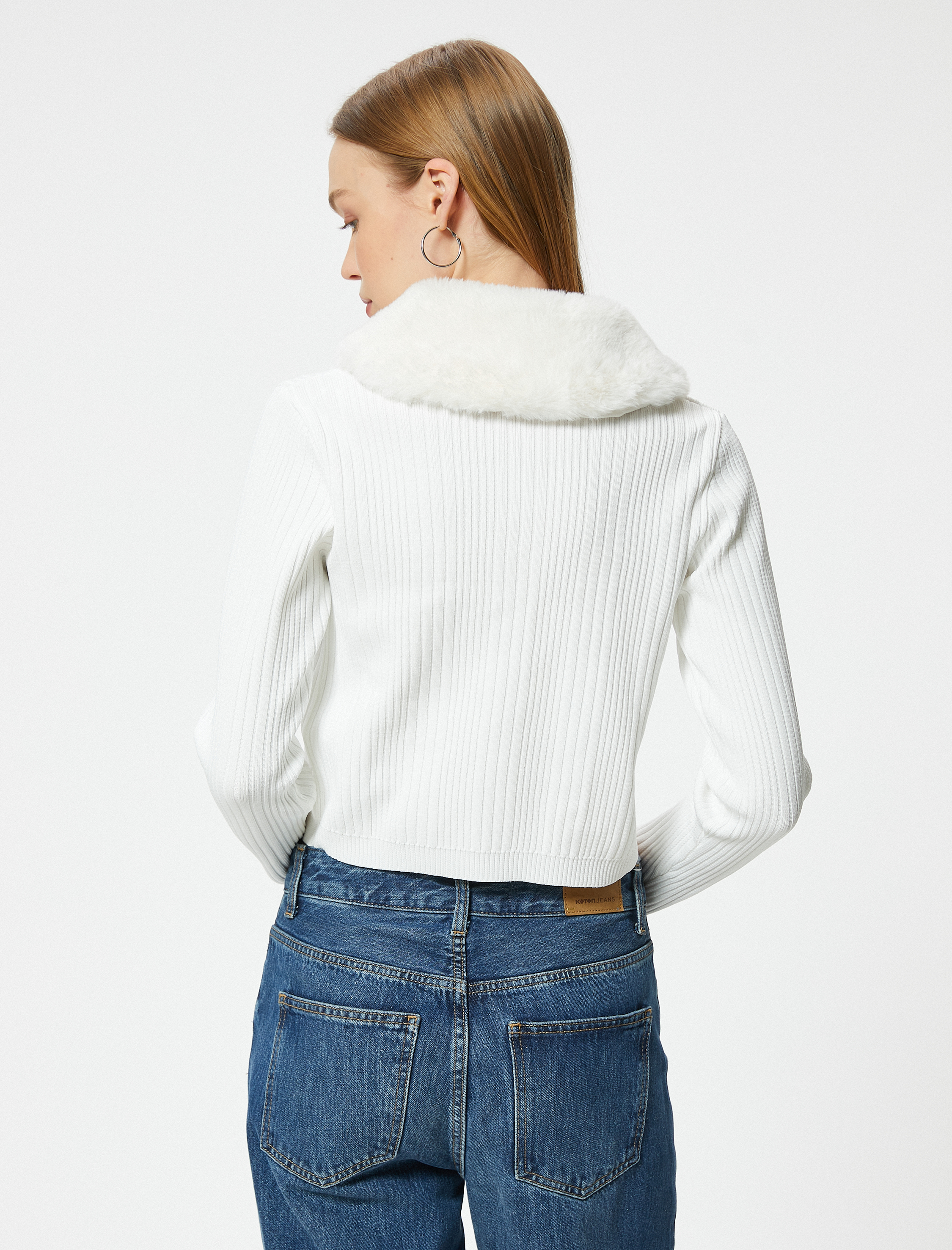Crop Hırka Yakası Suni Kürklü Bağlama Detaylı Slim Fit
