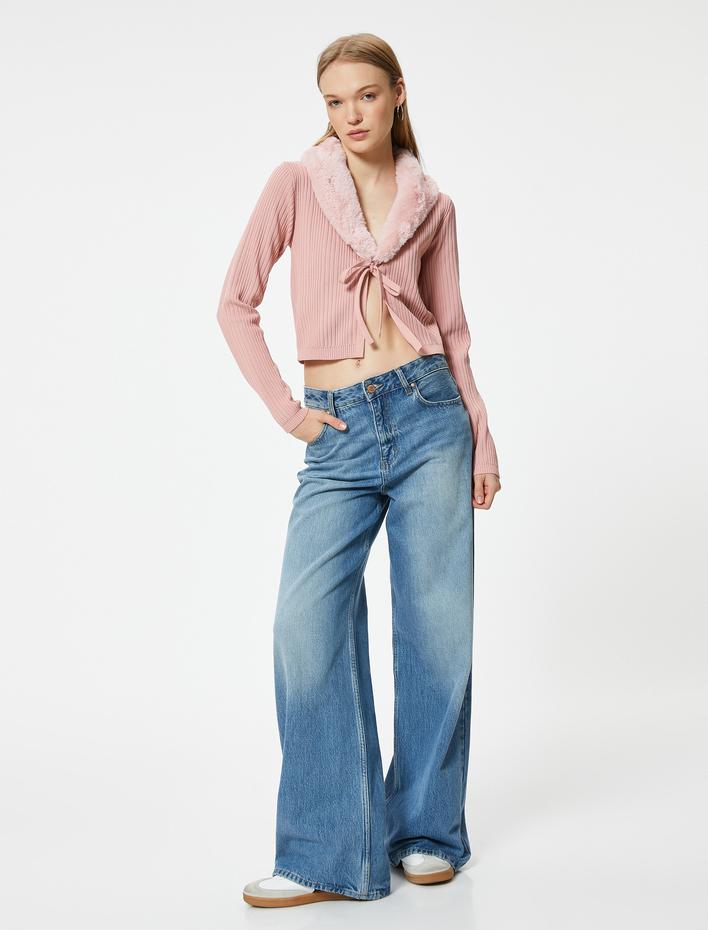  Crop Hırka Yakası Suni Kürklü Bağlama Detaylı Slim Fit