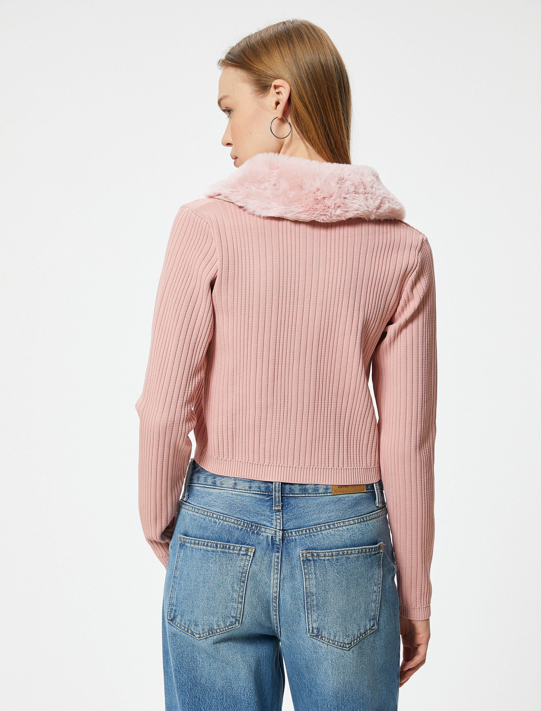 Crop Hırka Yakası Suni Kürklü Bağlama Detaylı Slim Fit