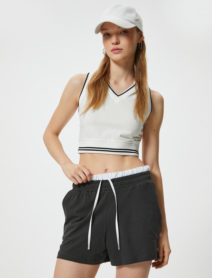  Çift Bel Detaylı Mini Şort Cepli Beli Bağlamalı Rahat Kalıp Pamuklu