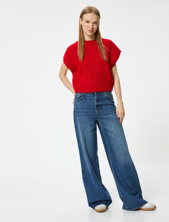  Örgü Dokulu Süveter Bisiklet Yaka Yarasa Kol