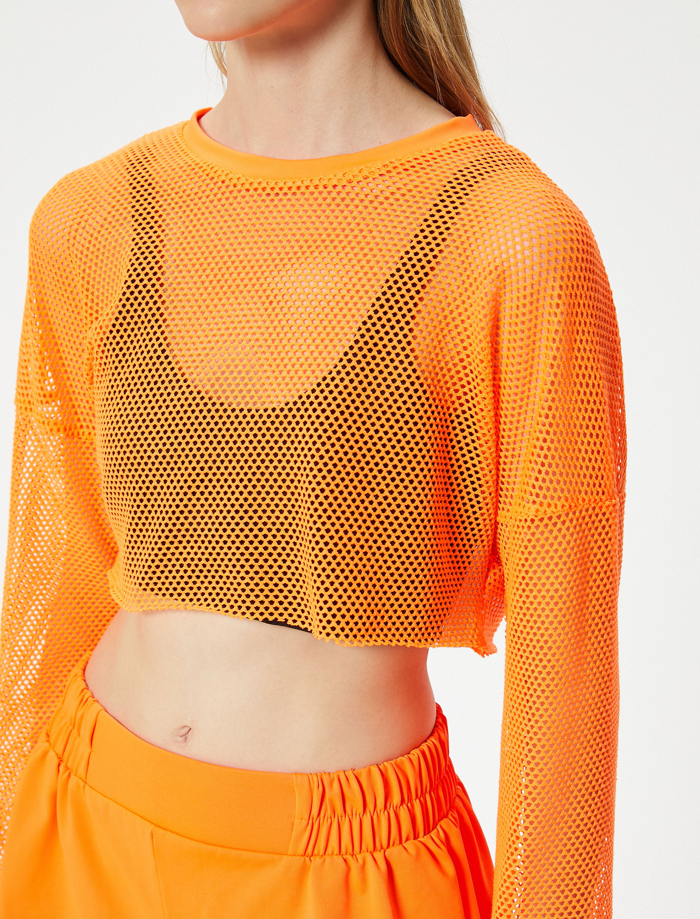 Oversize File Spor Tişört Crop Uzun Kollu Bisiklet Yaka