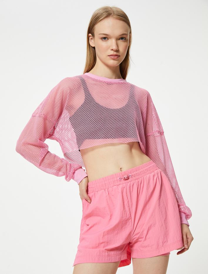  Oversize File Spor Tişört Crop Uzun Kollu Bisiklet Yaka