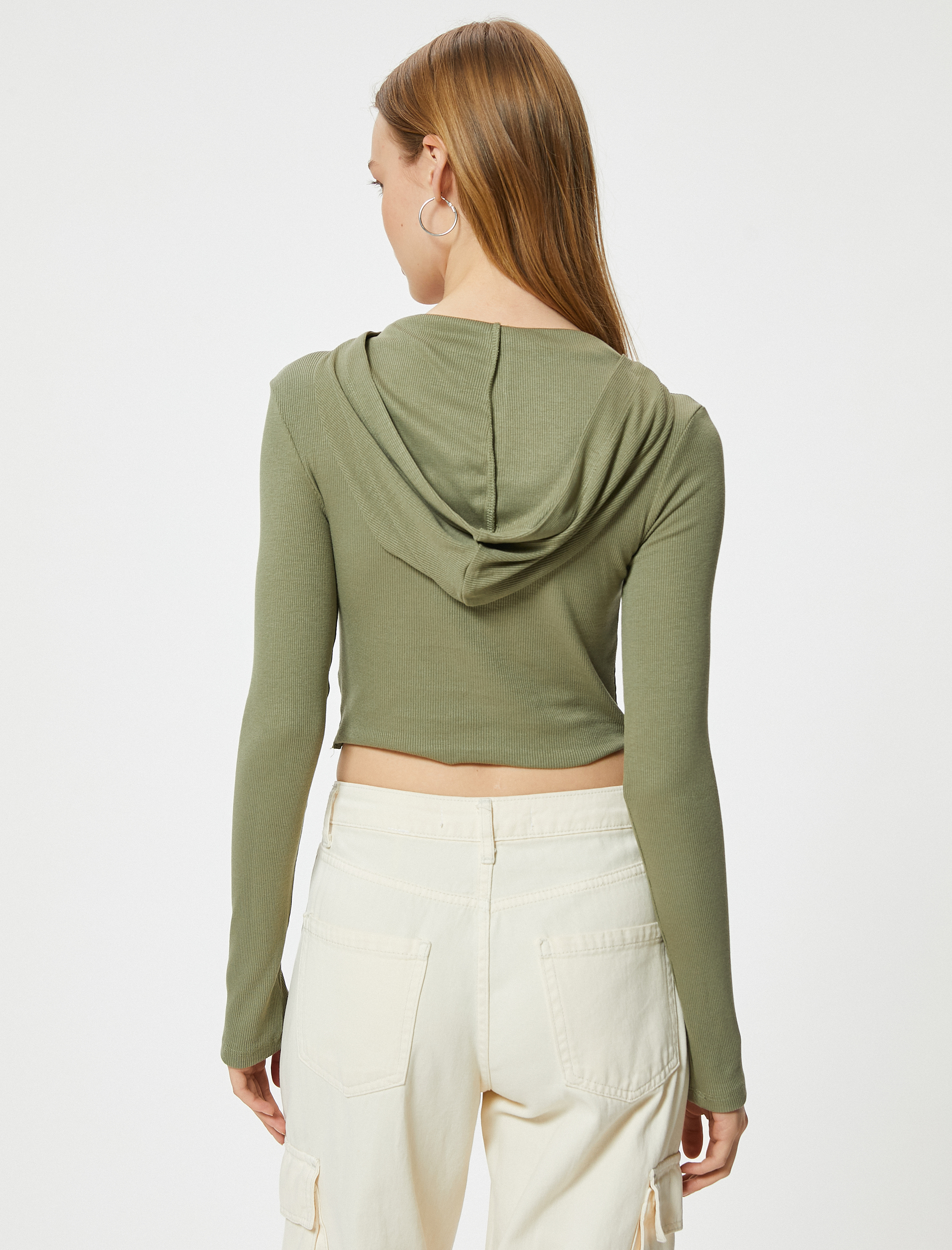   Kapşonlu Crop Bluz Uzun Kollu Asimetrik Kesim Renk Bloklu Yıldız Aplike Detaylı