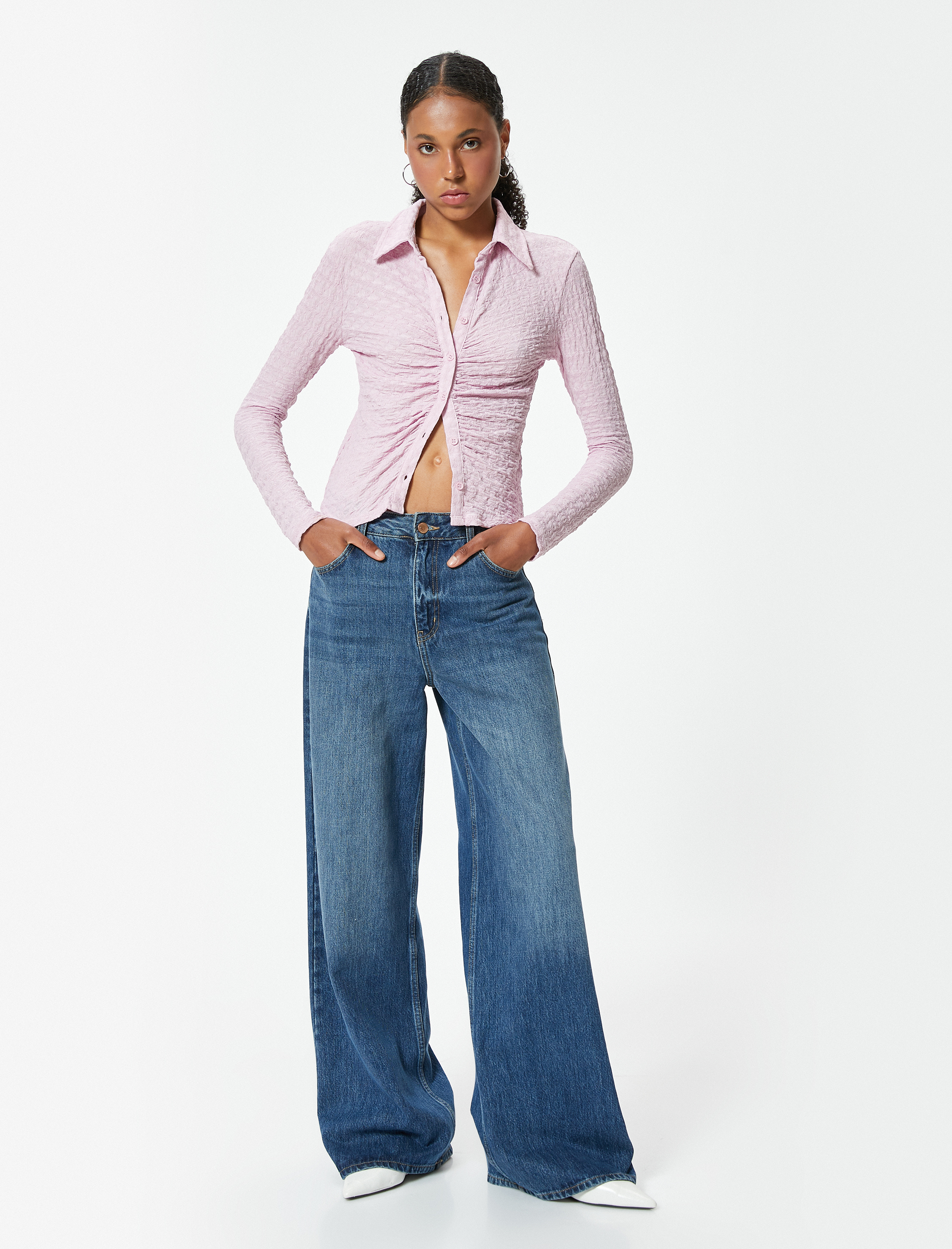 Drapeli Dokulu Gömlek Slim Fit Uzun Kollu Bürümcük