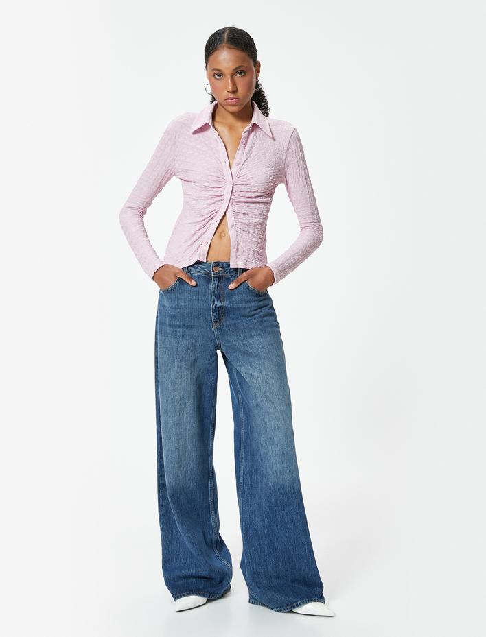  Drapeli Dokulu Gömlek Slim Fit Uzun Kollu Bürümcük