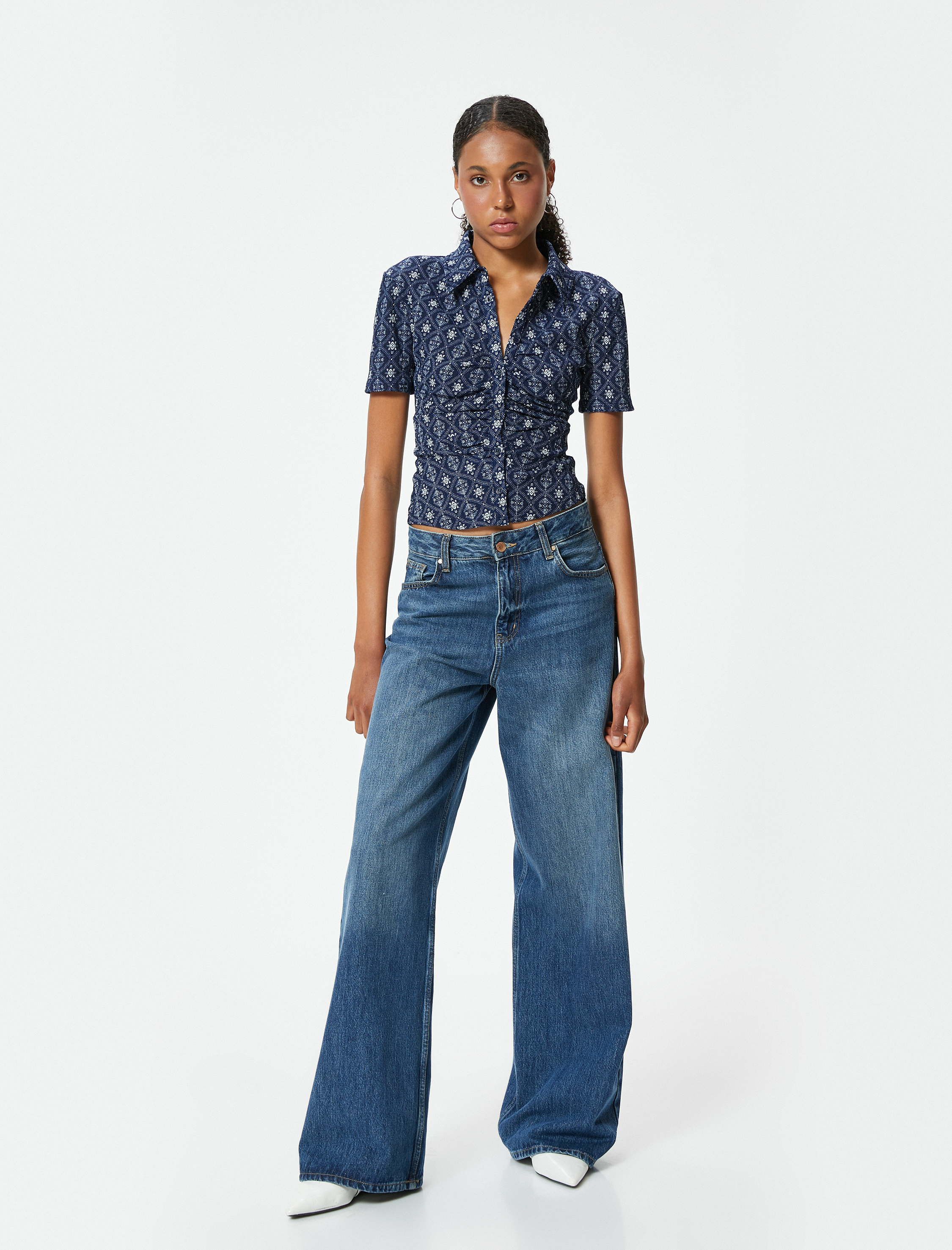   Drapeli Dokulu Gömlek Desenli Slim Fit Kısa Kollu Bürümcük