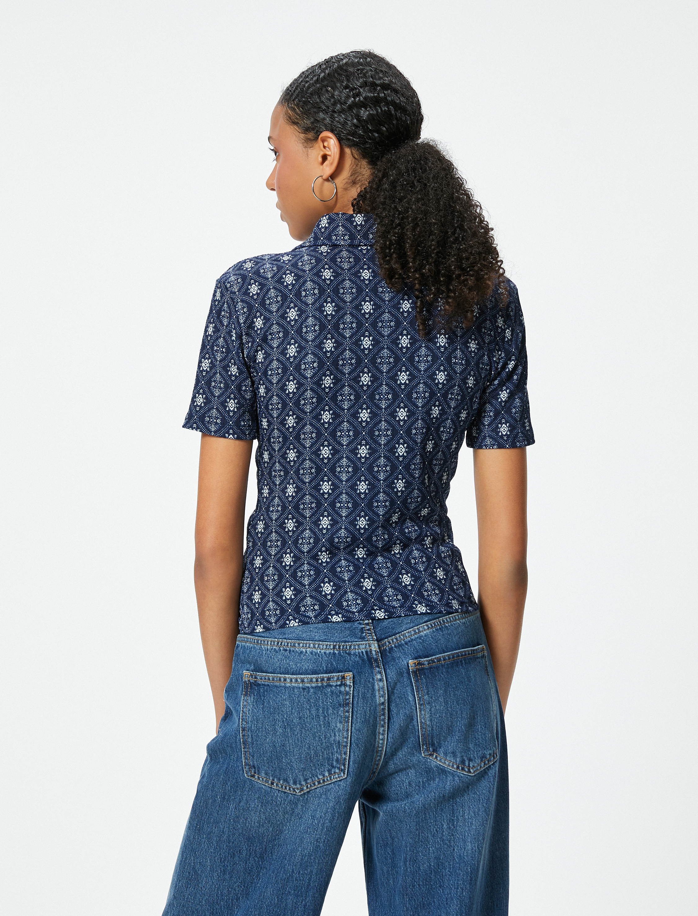   Drapeli Dokulu Gömlek Desenli Slim Fit Kısa Kollu Bürümcük