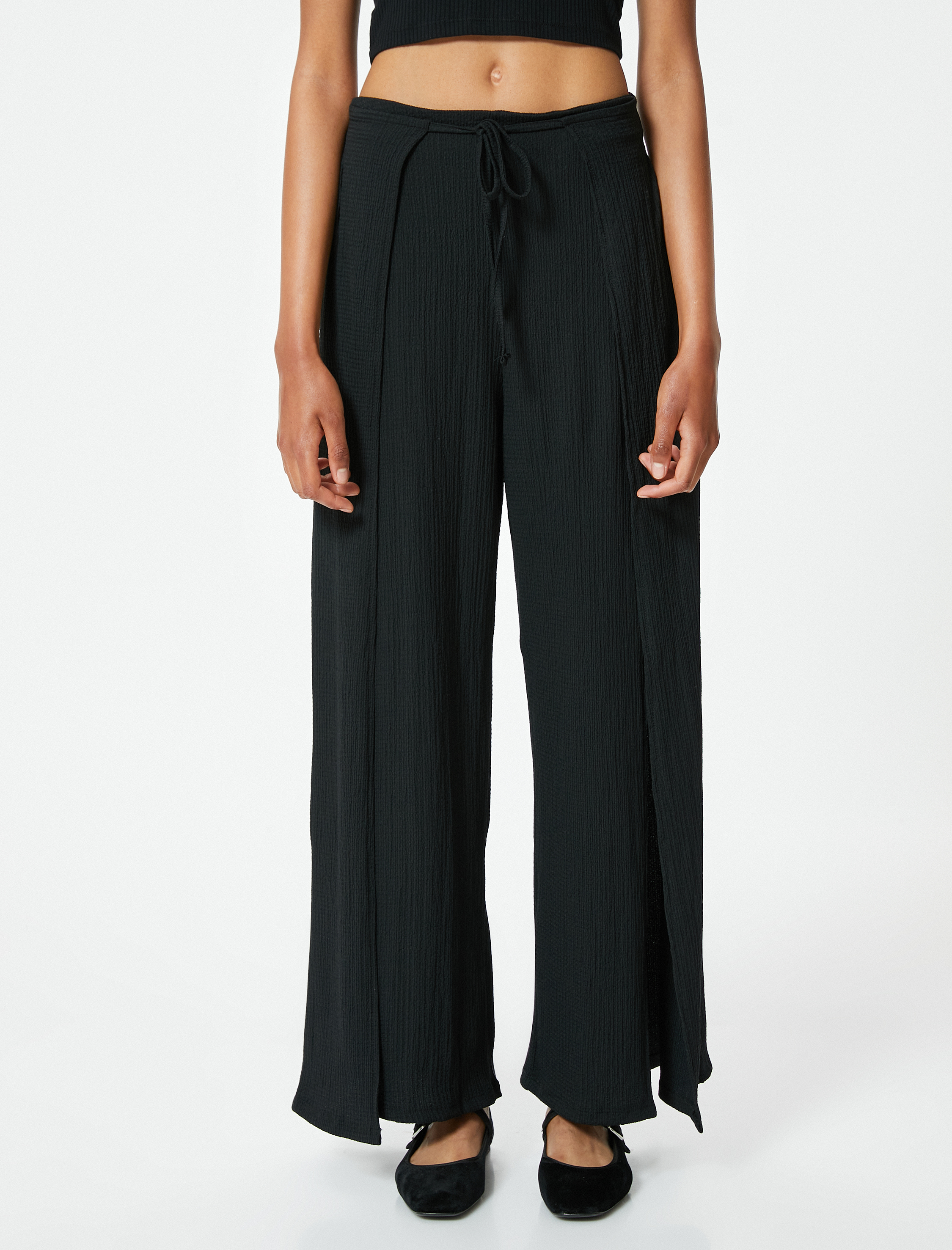 Kruvaze Pantolon Bol Paça Rahat Kalıp Beli Lastikli Bürümcük