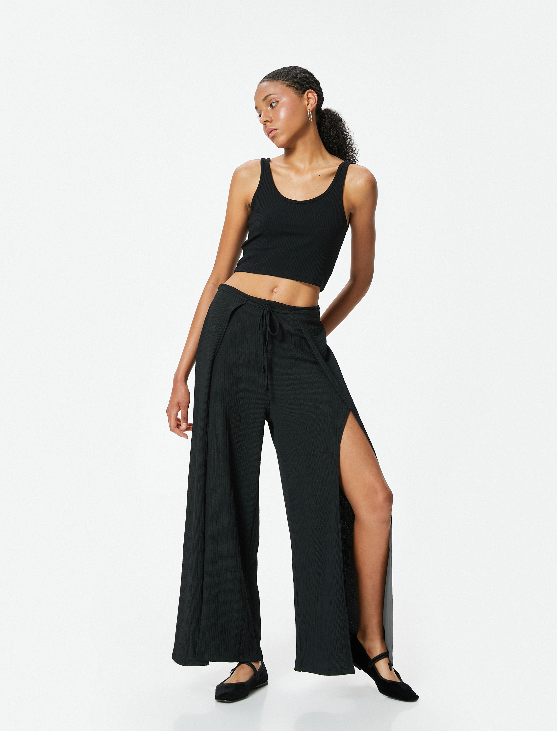 Kruvaze Pantolon Bol Paça Rahat Kalıp Beli Lastikli Bürümcük