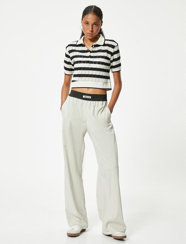  Kroşe Polo Yaka Tişört Crop Kısa Kollu Düğme Detaylı