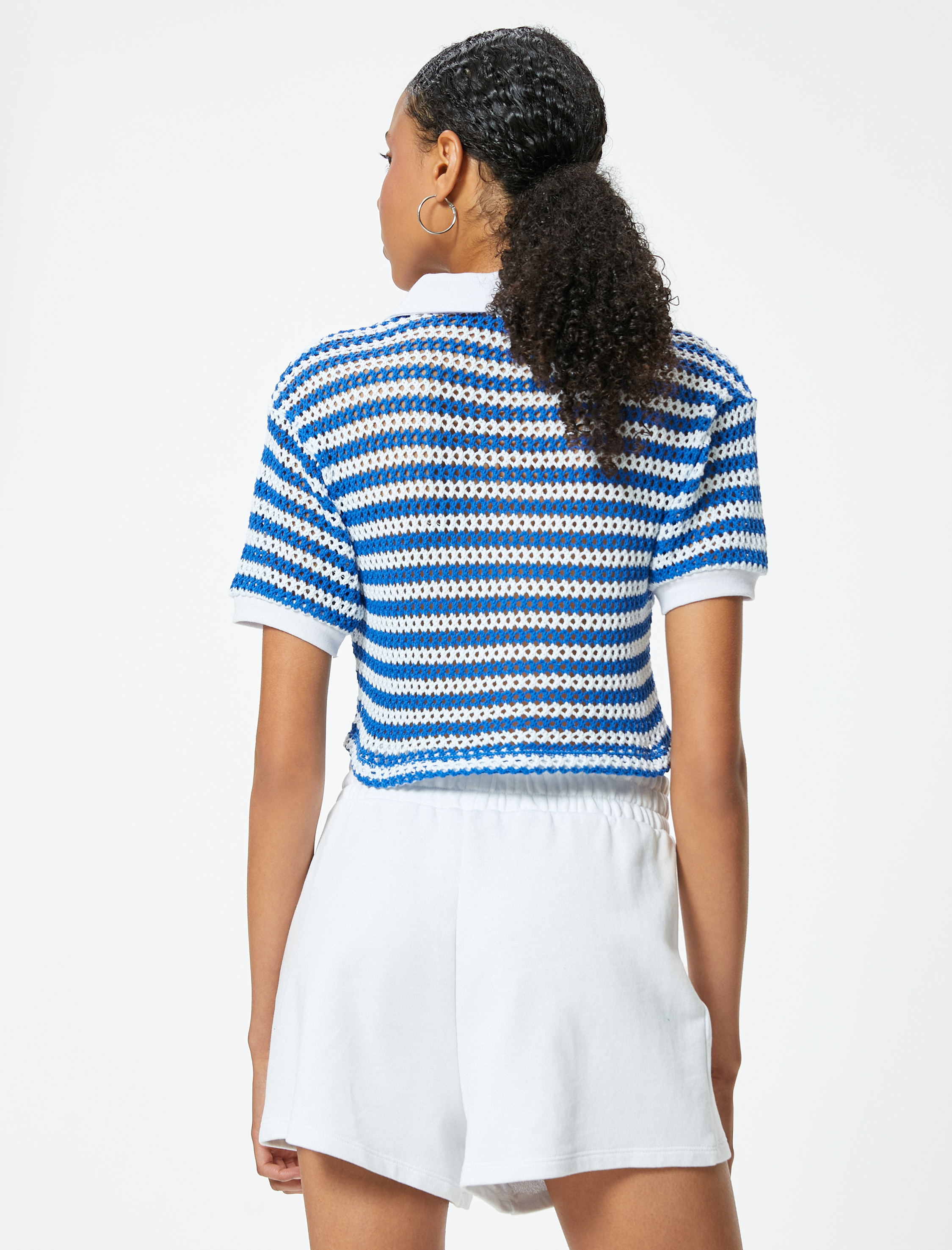   Kroşe Polo Yaka Tişört Crop Kısa Kollu Düğme Detaylı