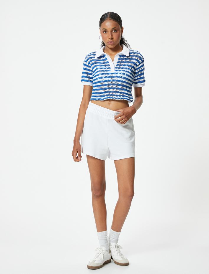  Kroşe Polo Yaka Tişört Crop Kısa Kollu Düğme Detaylı