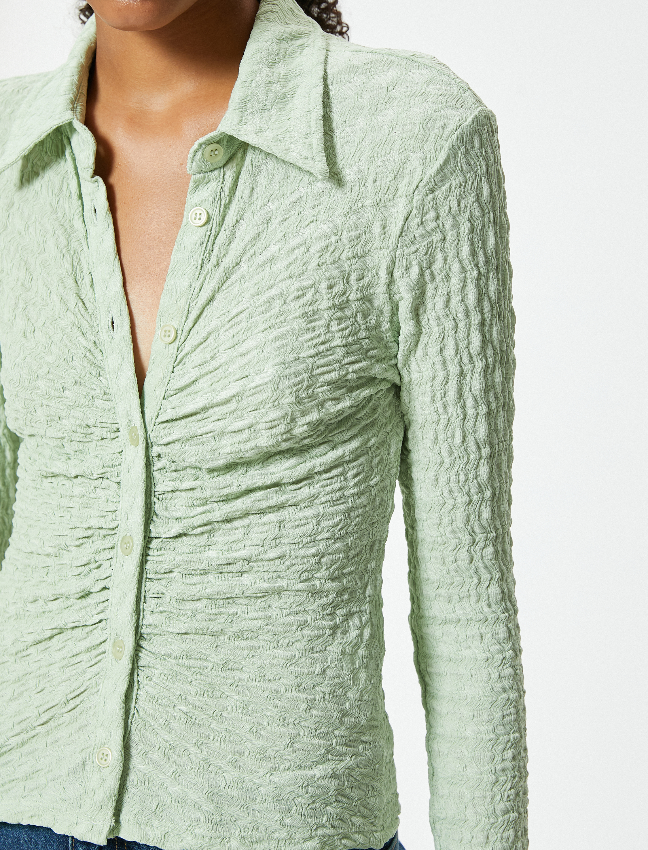 Drapeli Dokulu Gömlek Slim Fit Uzun Kollu Bürümcük
