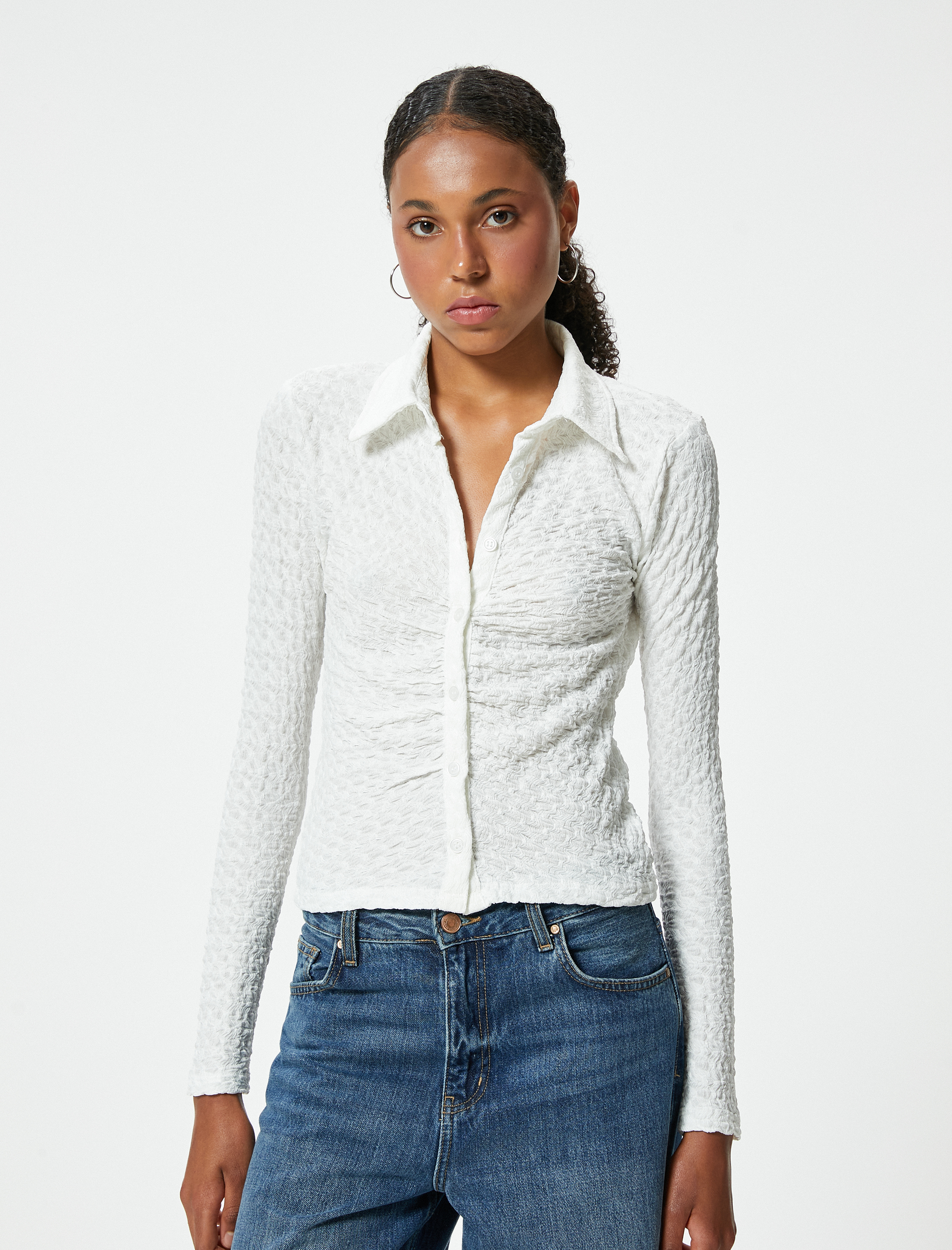   Drapeli Dokulu Gömlek Slim Fit Uzun Kollu Bürümcük