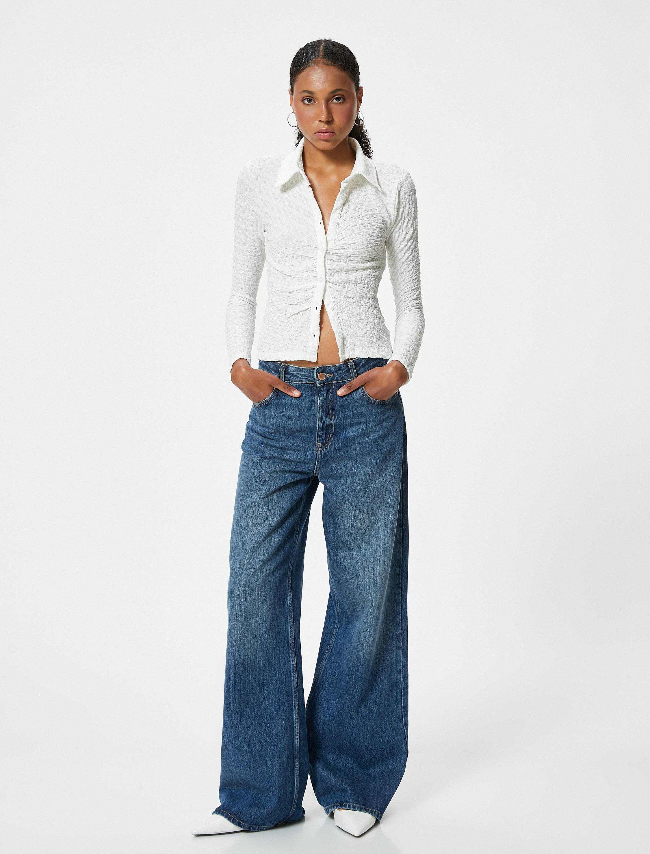   Drapeli Dokulu Gömlek Slim Fit Uzun Kollu Bürümcük