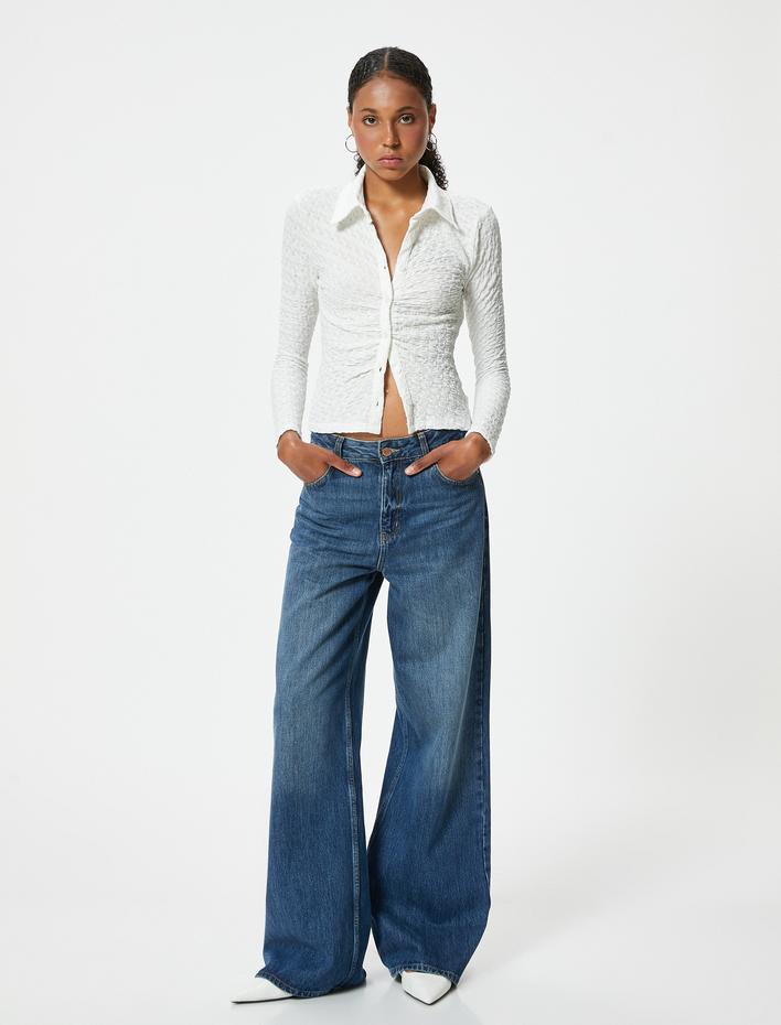  Drapeli Dokulu Gömlek Slim Fit Uzun Kollu Bürümcük