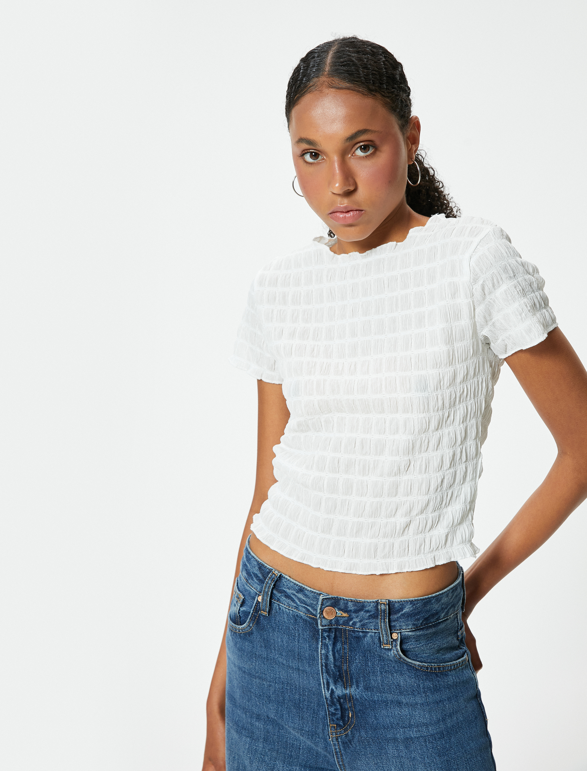   Kısa Kollu Tişört Dokulu Bisiklet Yaka Slim Fit Bürümcük