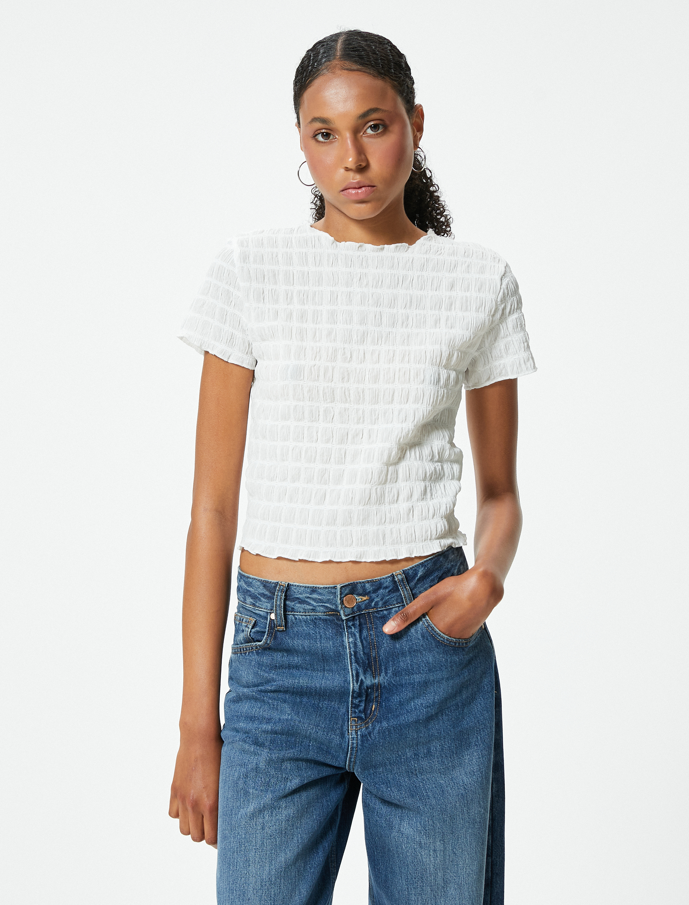   Kısa Kollu Tişört Dokulu Bisiklet Yaka Slim Fit Bürümcük