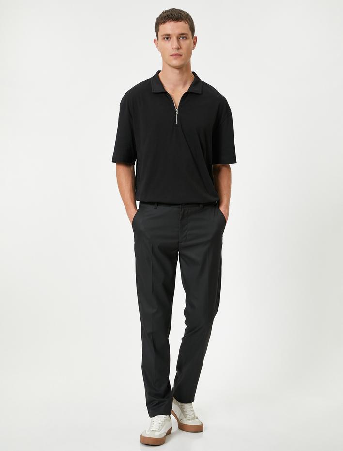  Polo Yaka Tişört Oversize Yarım Fermuarlı Kısa Kollu Pamuklu