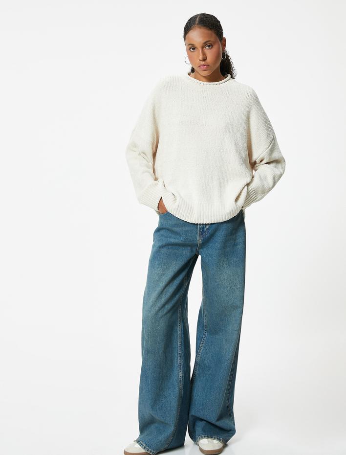  Basic Triko Kazak Bisiklet Yaka Uzun Kollu Düşük Omuzlu