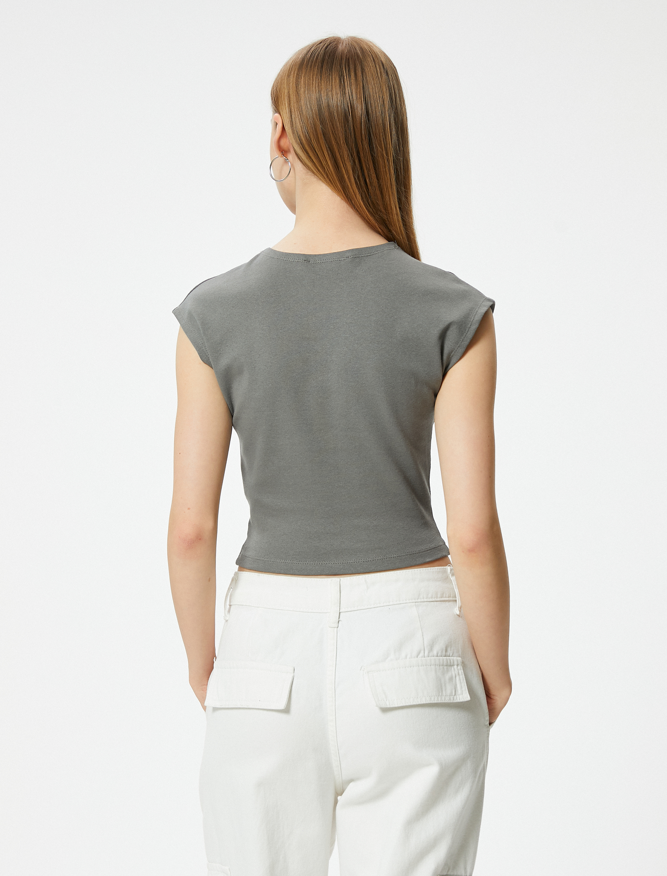   Crop Tişört Baskılı Kısa Kollu Bisiklet Yaka Pamuklu Slim Fit