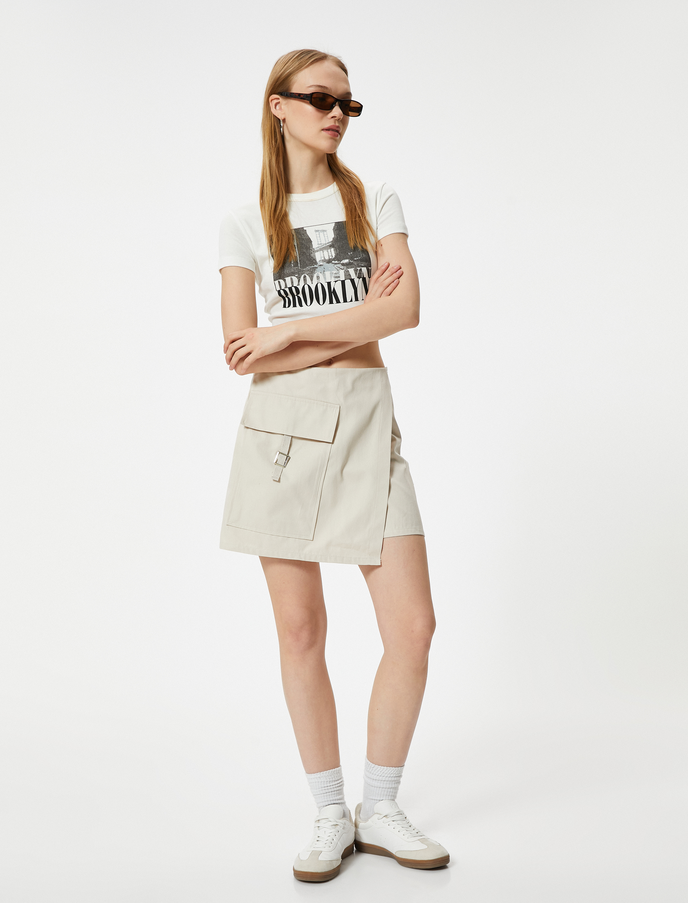   Kargo Şort Etek Kruvaze Kemer Detaylı Cepli Slim Fit