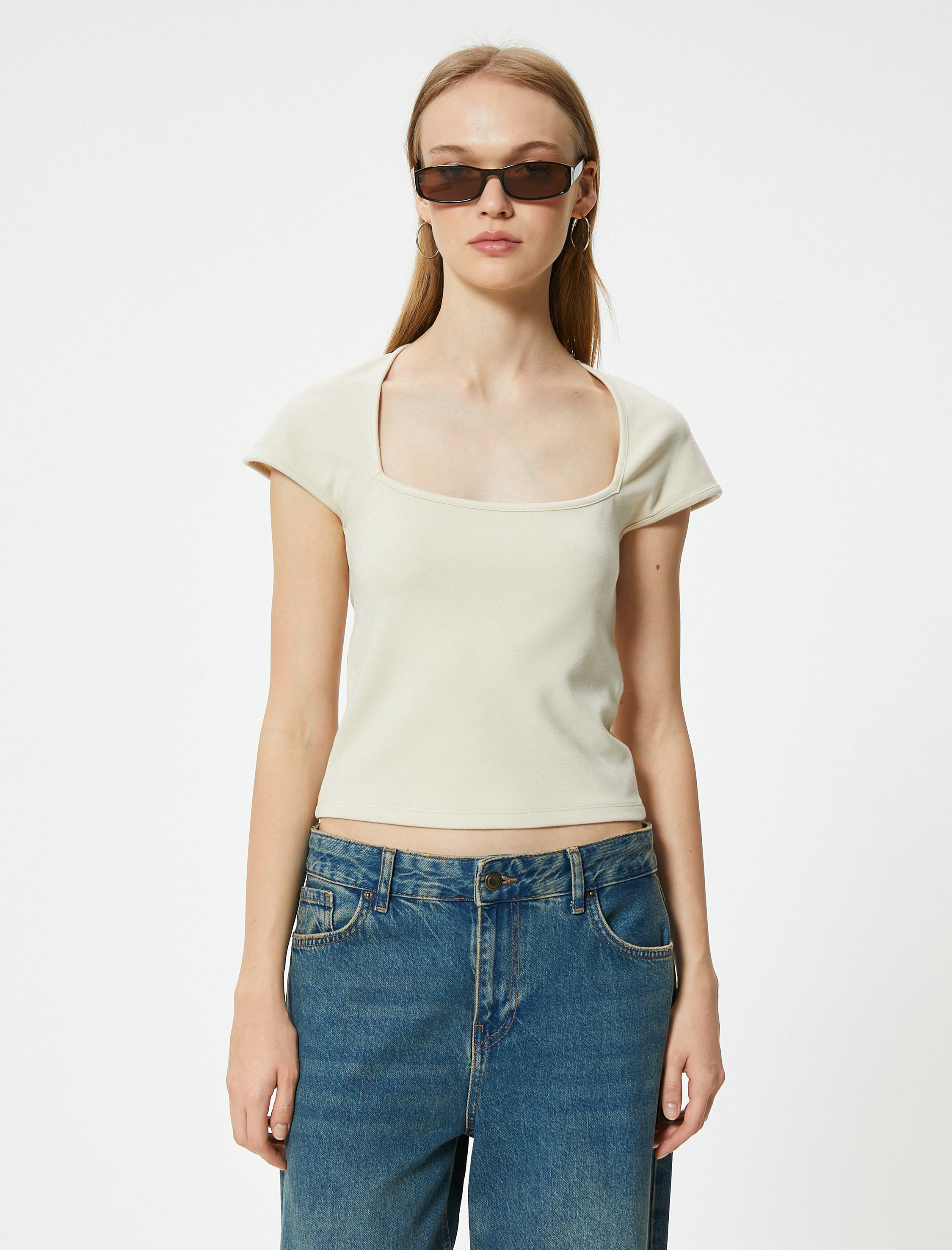   Basic Tişört Kısa Kollu Kare Yaka Slim Fit Viskon Karışımlı