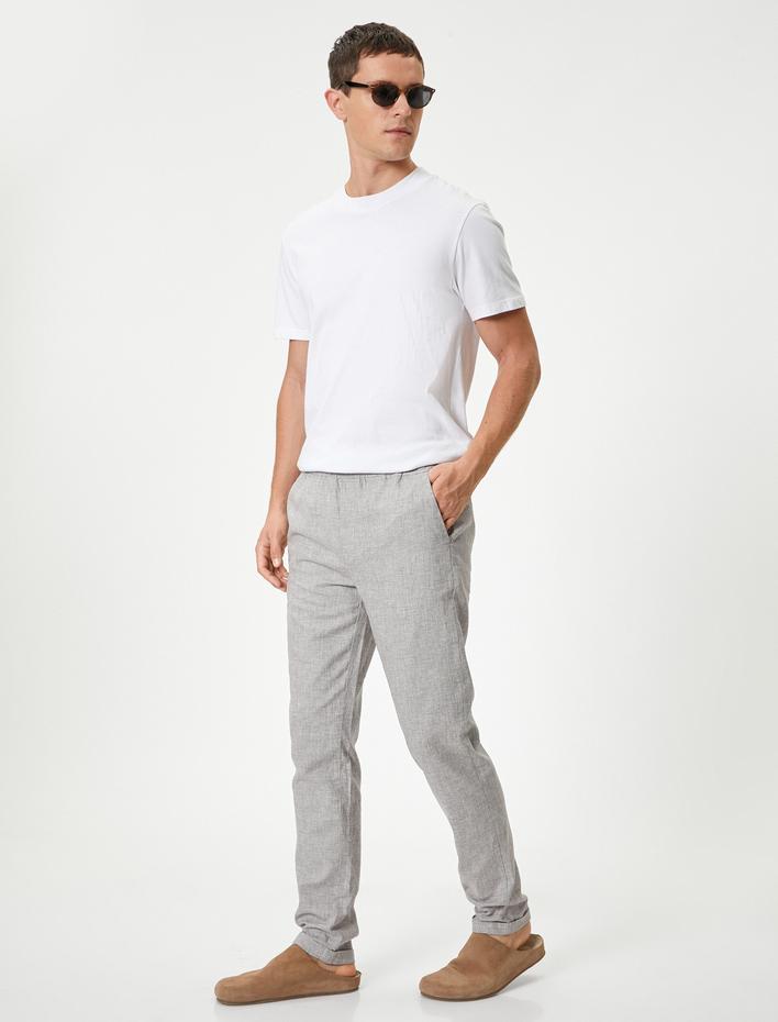  Keten Karışımlı Pantolon Chino Beli Bağcıklı Tapered Fit Cep Detaylı