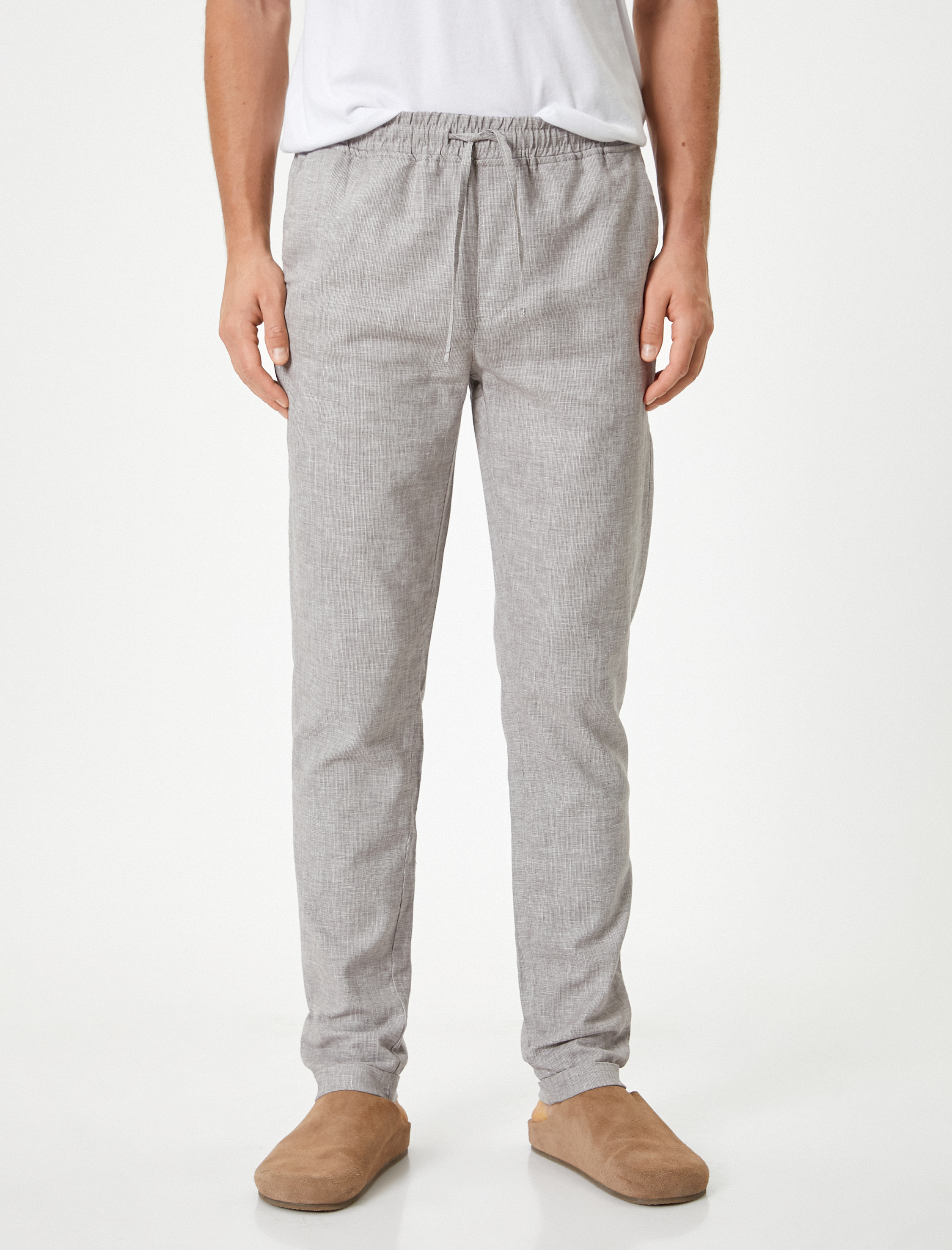   Keten Karışımlı Pantolon Chino Beli Bağcıklı Tapered Fit Cep Detaylı