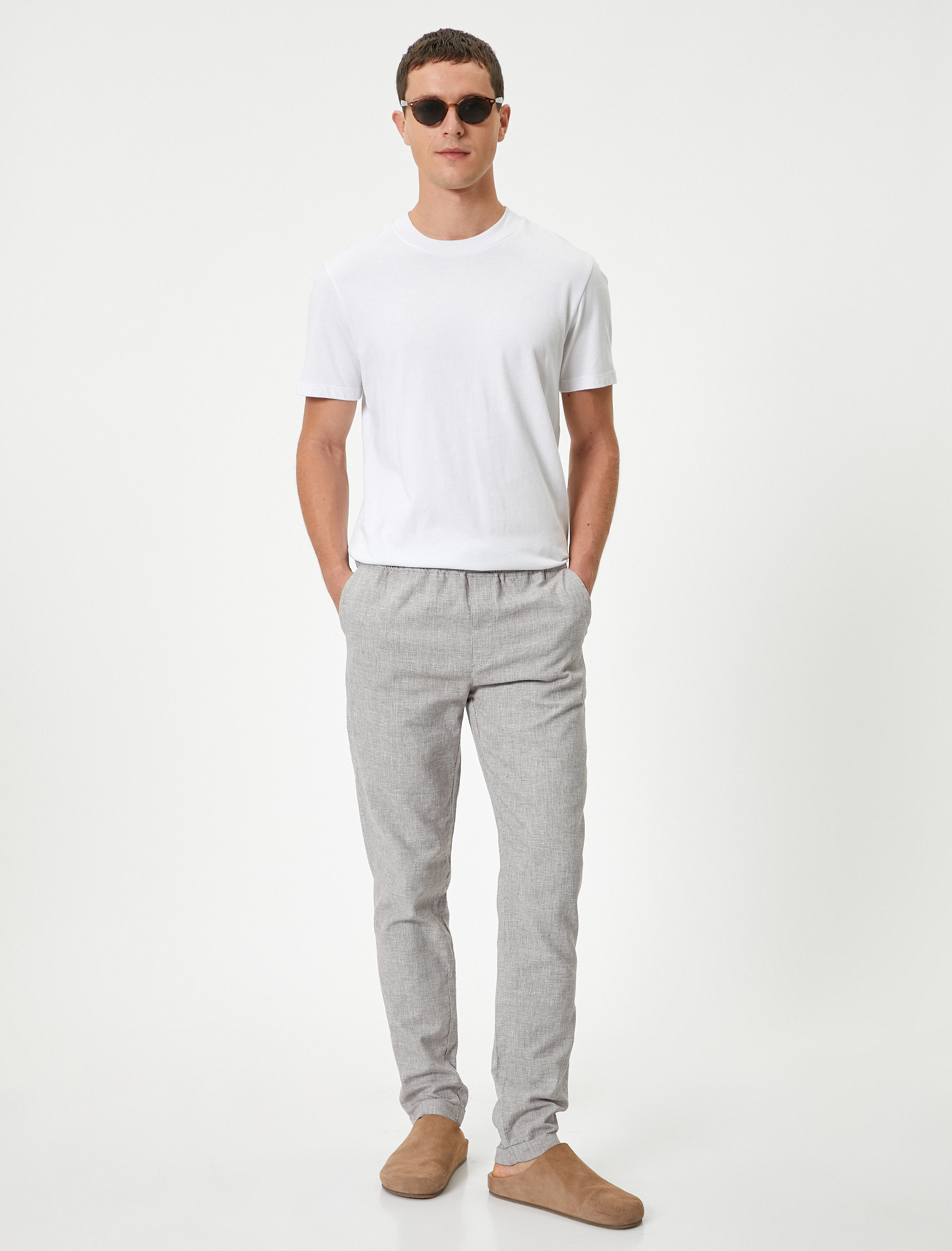   Keten Karışımlı Pantolon Chino Beli Bağcıklı Tapered Fit Cep Detaylı