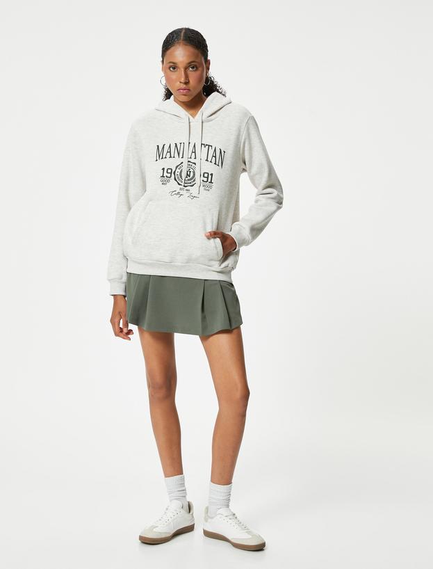 Oversize Sweatshirt Kapüşonlu Kolej Baskılı Kanguru Cepli Şardonlu_1