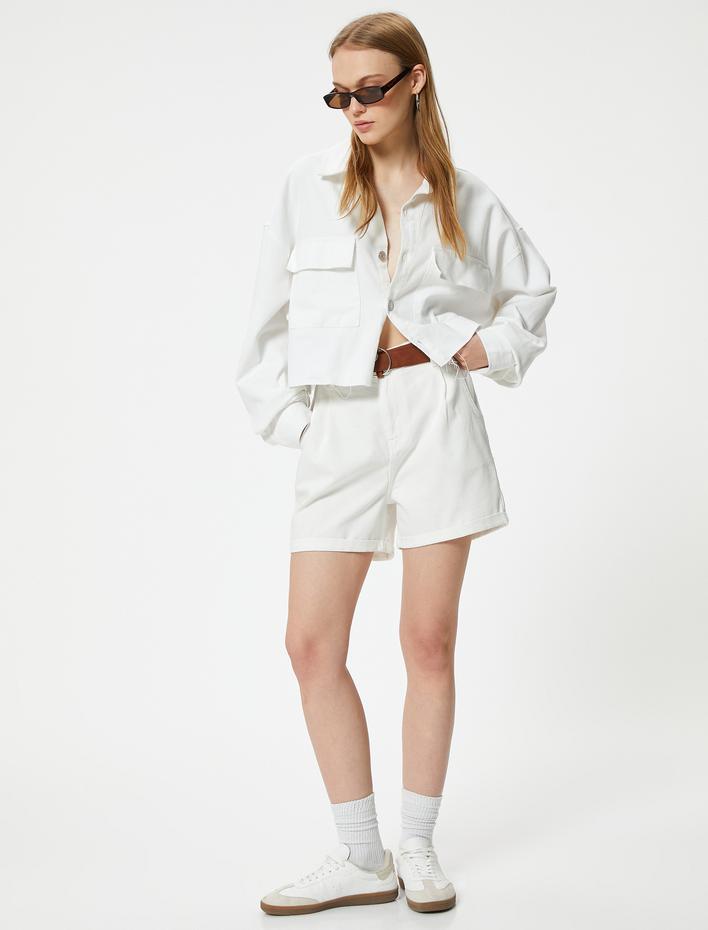  Mini Şort Yüksek Bel Kemerli Cep Detaylı Pamuklu Rahat Kesim