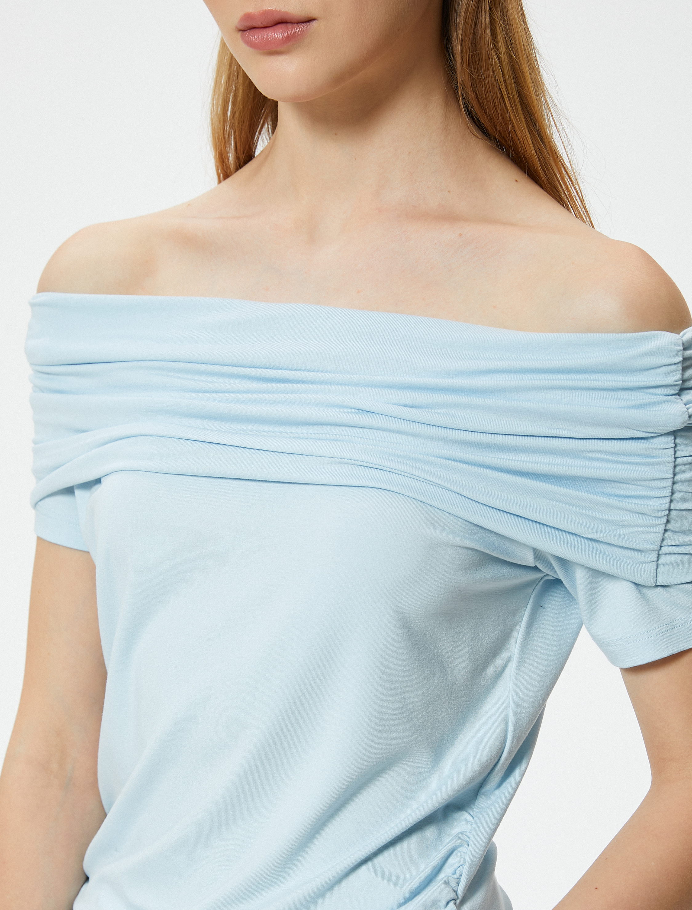   Omzu Açık Tişört Drape Detaylı Slim Fit Viskoz Kumaş