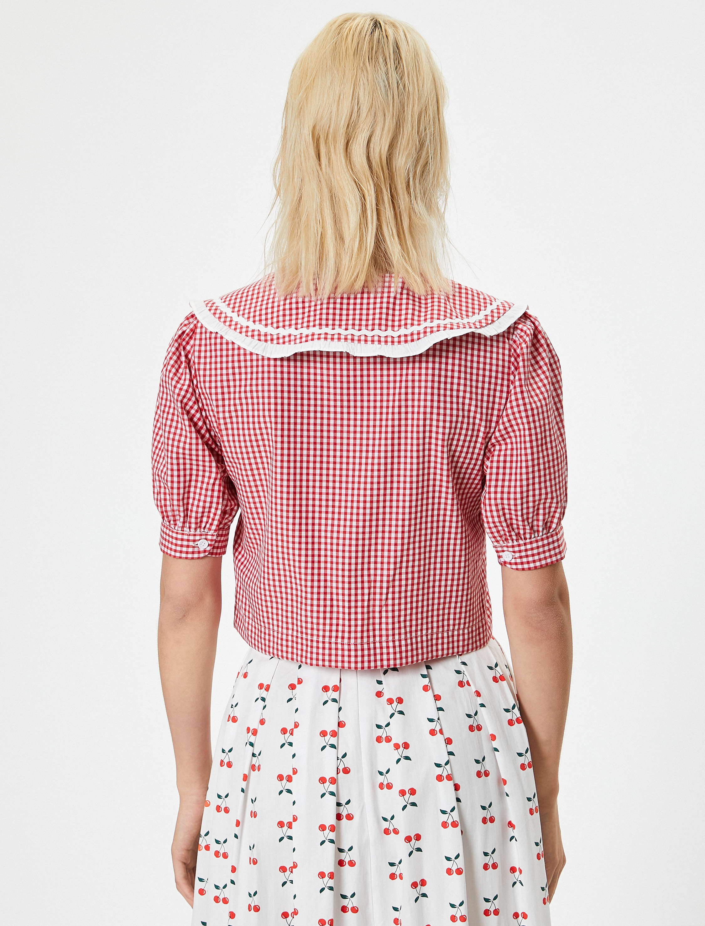   Geniş Bebe Yaka Balon Kol Crop Gömlek Pötikareli İşleme Detaylı