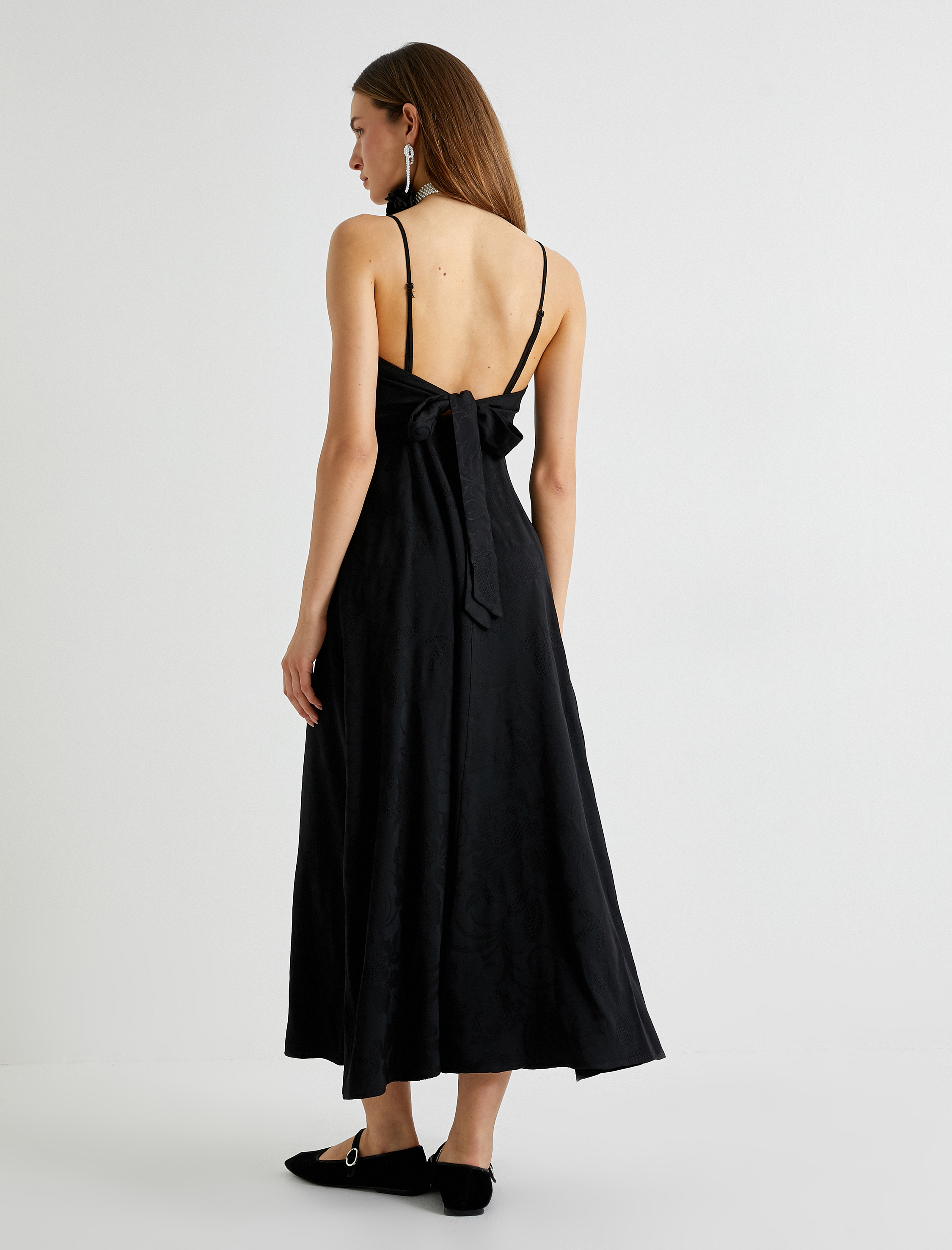   Midi Çiçekli Elbise İnce Askılı Arkası Fiyonk Detaylı Astarlı