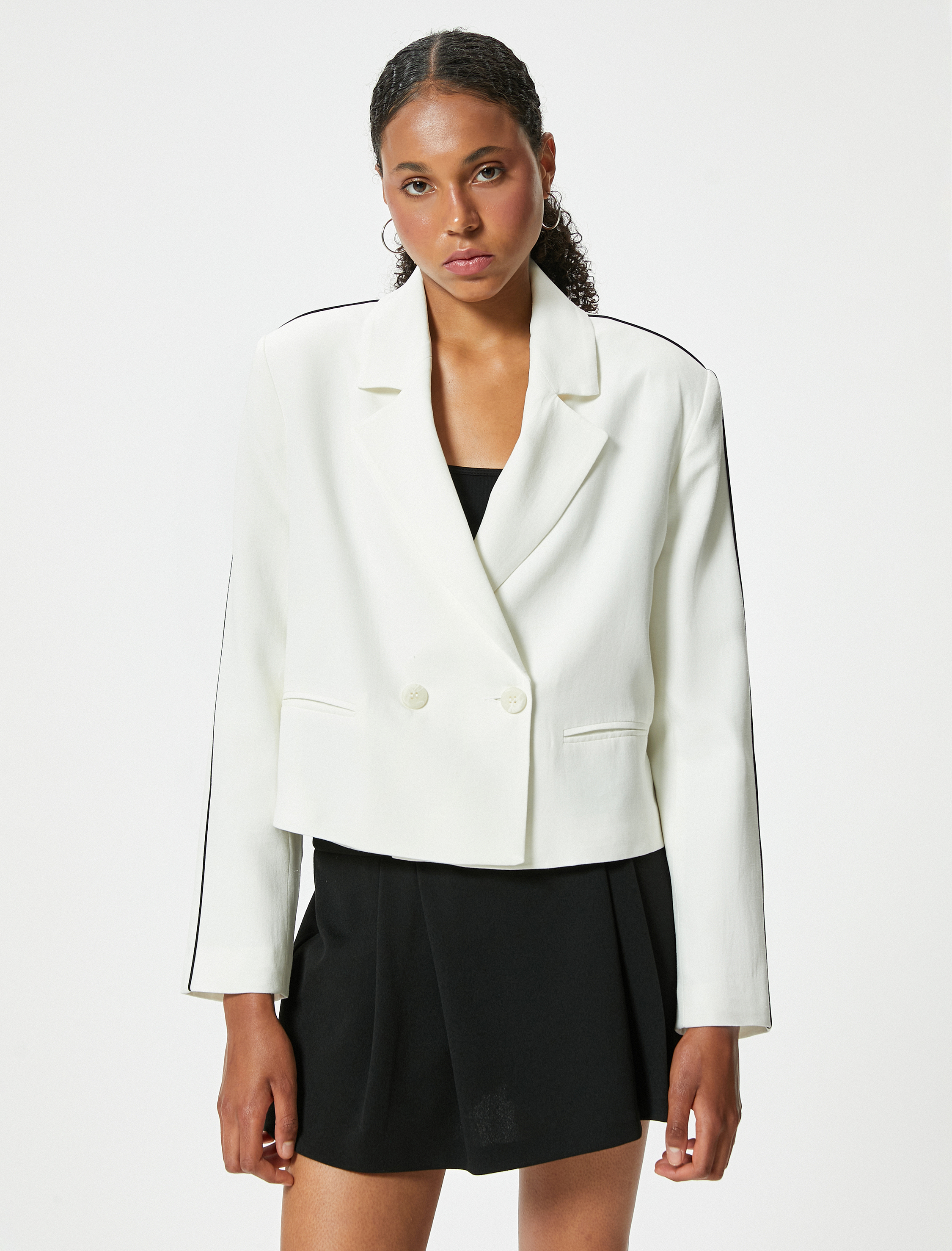   Blazer Ceket Biyeli Kruvaze Yaka Düğmeli Viskon Kumaş