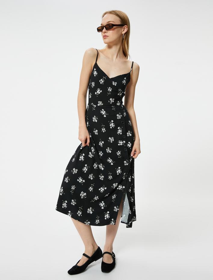  Çiçekli Elbise Midi İp Askılı Düğme Detaylı V Yaka Yırtmaçlı Viskon Kumaş