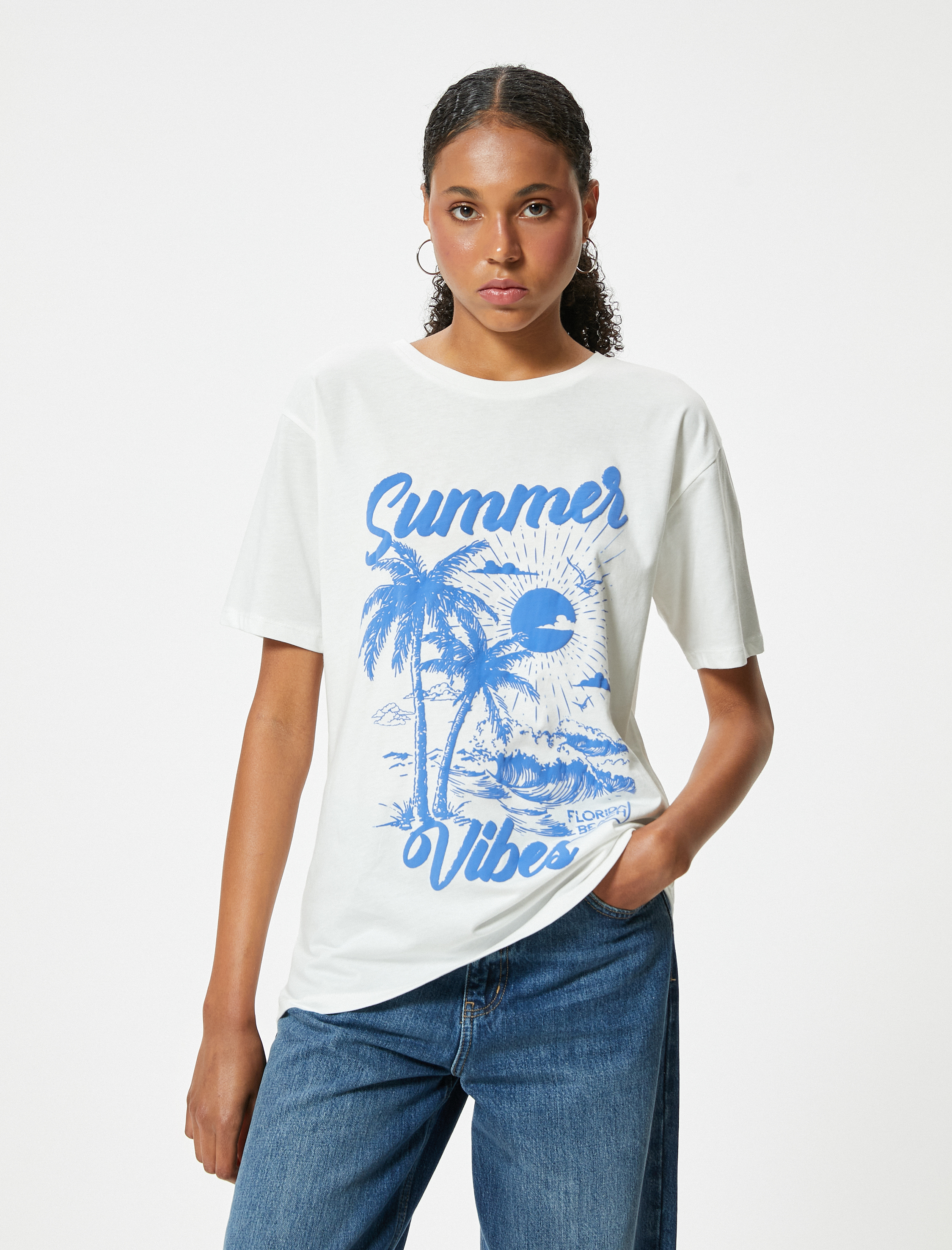   Oversize Tişört Slogan Baskılı Bisiklet Yaka Kısa Kollu Pamuklu