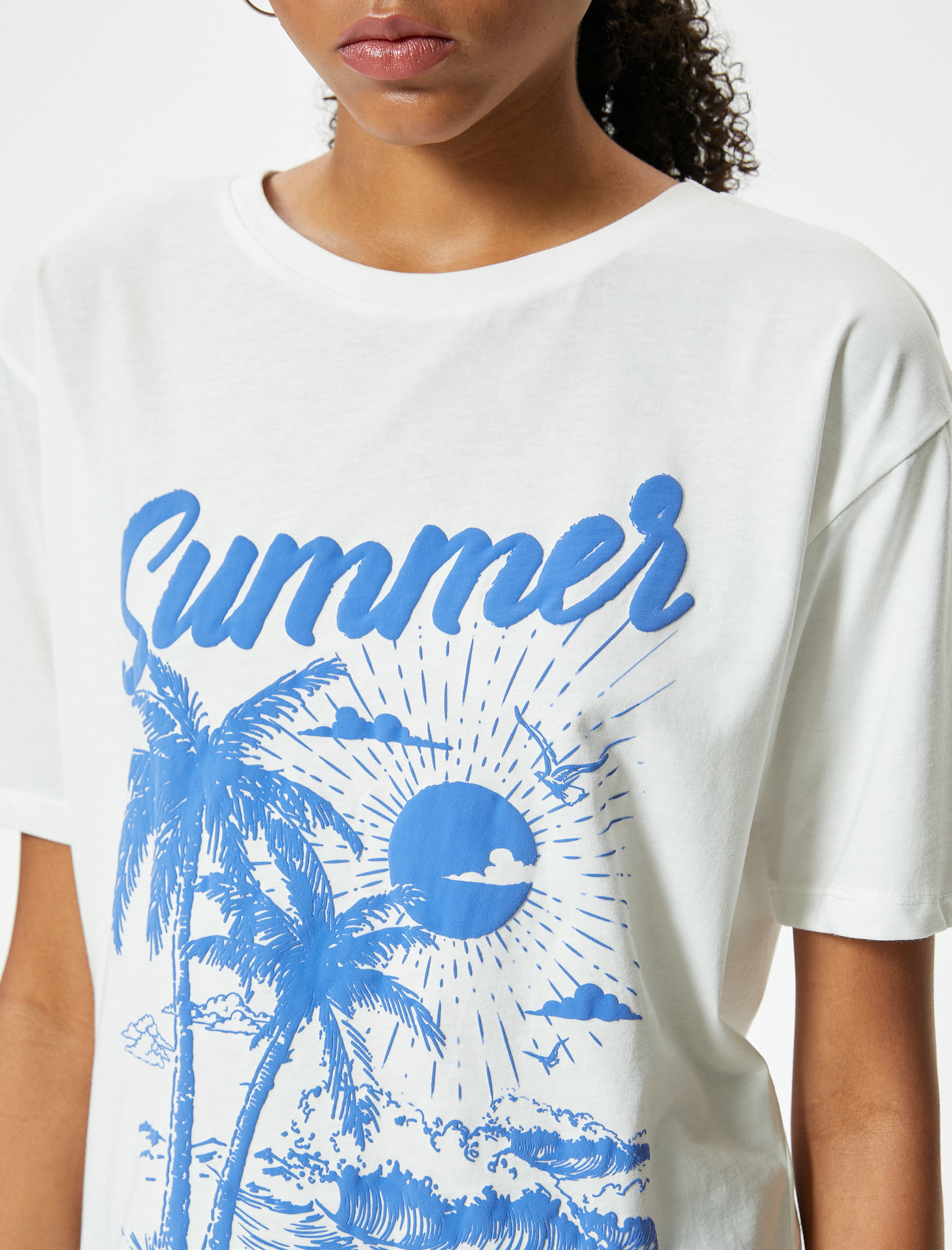   Oversize Tişört Slogan Baskılı Bisiklet Yaka Kısa Kollu Pamuklu