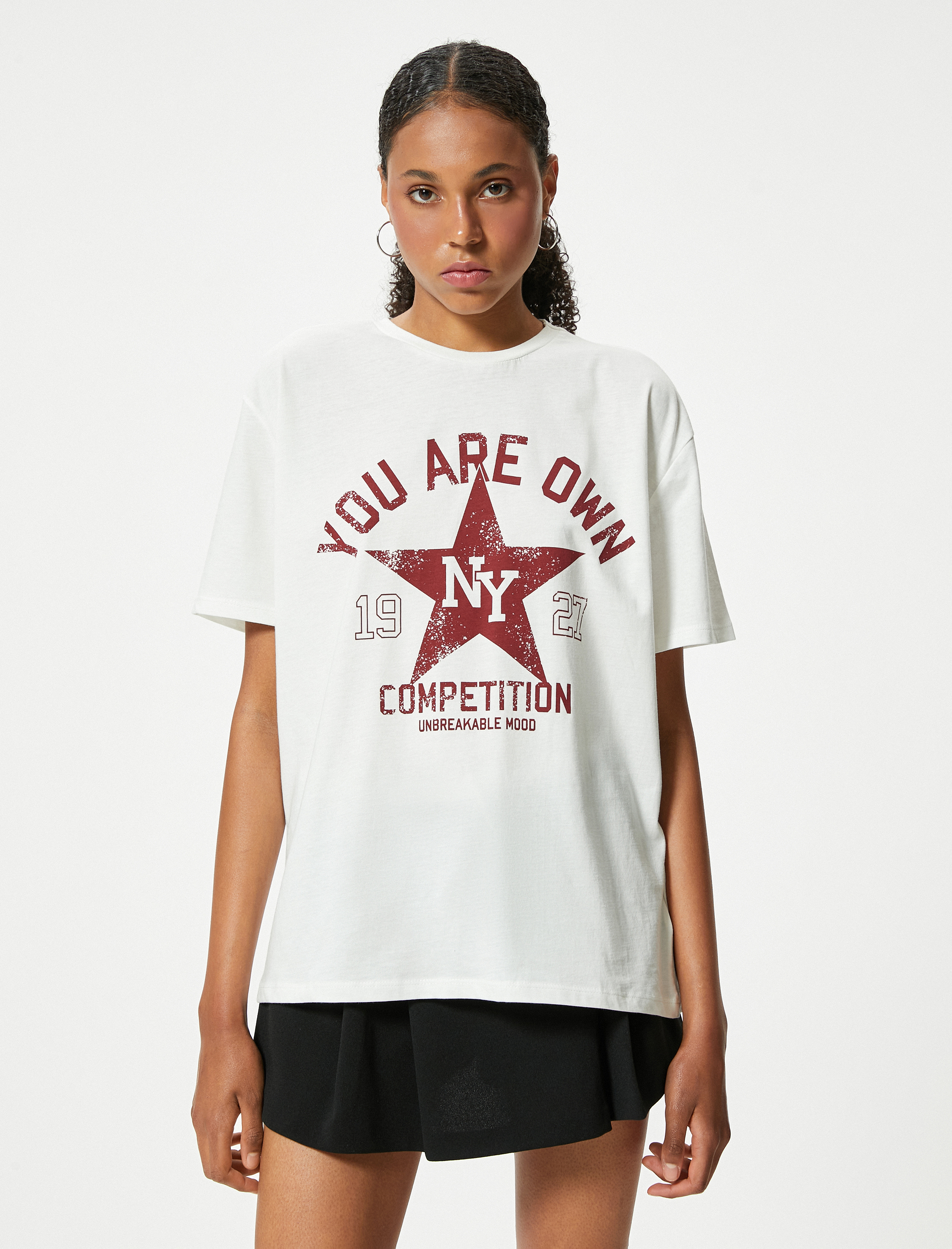   Oversize Tişört Kolej Baskılı Bisiklet Yaka Kısa Kollu Pamuklu