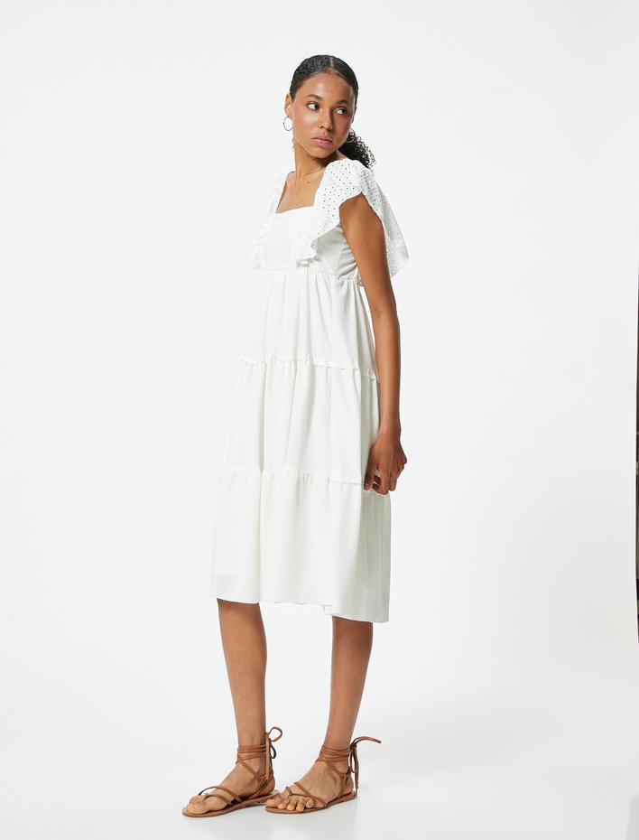  Midi Elbise Kare Yaka Fırfır Detaylı Kolsuz Bürümcük