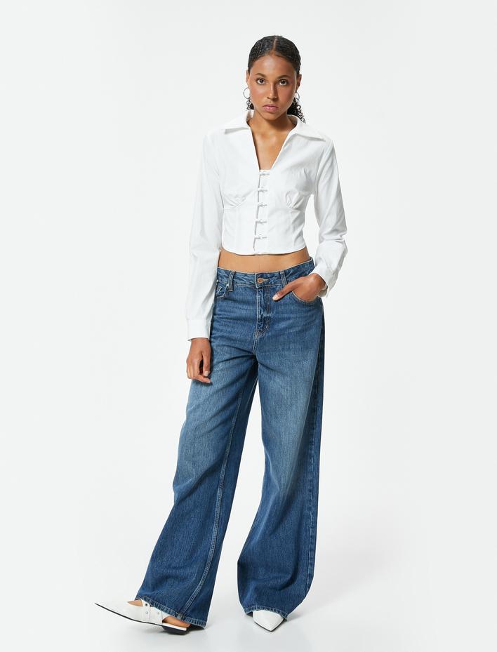  Crop Bluz V Yaka Uzun Kollu Gipeli Metal Aksesuarlı Slim Fit