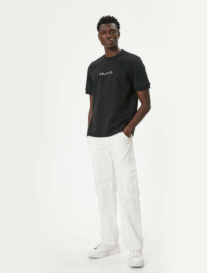  Kısa Kollu Bisiklet Yaka Pamuk Karışımlı Slogan Baskılı Oversize Tişört