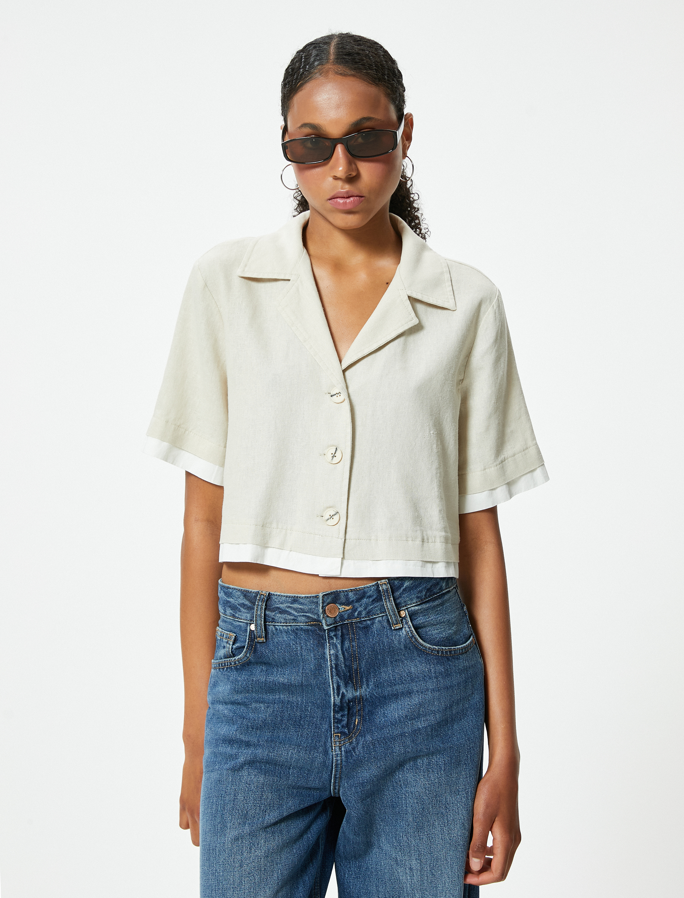   Crop Gömlek Oversize Düğmeli Kısa Kollu Devrik Yaka Keten Karışımlı