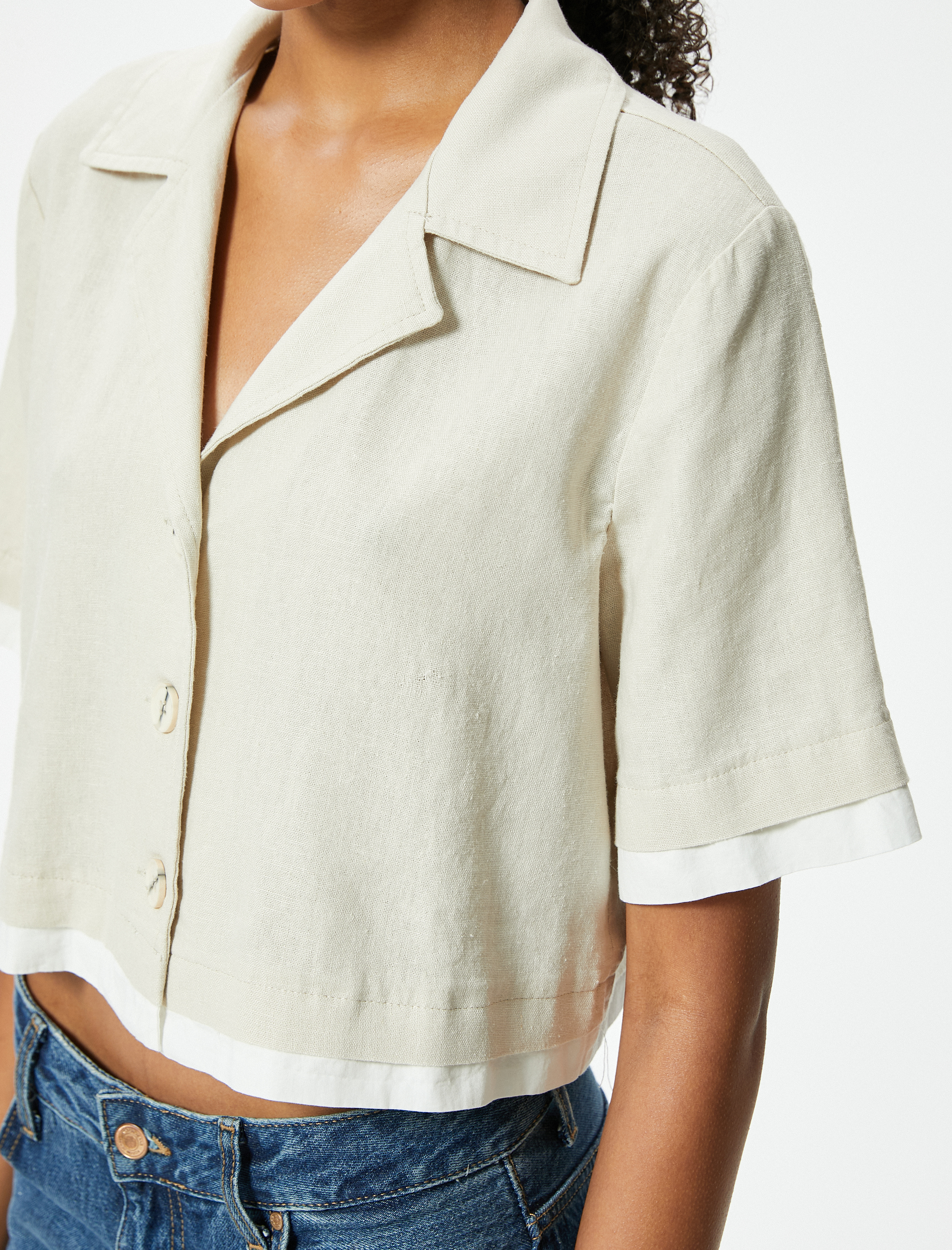   Crop Gömlek Oversize Düğmeli Kısa Kollu Devrik Yaka Keten Karışımlı